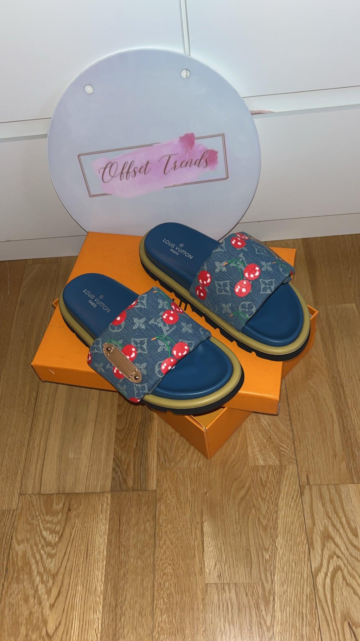 Denim Cherry Sliders
