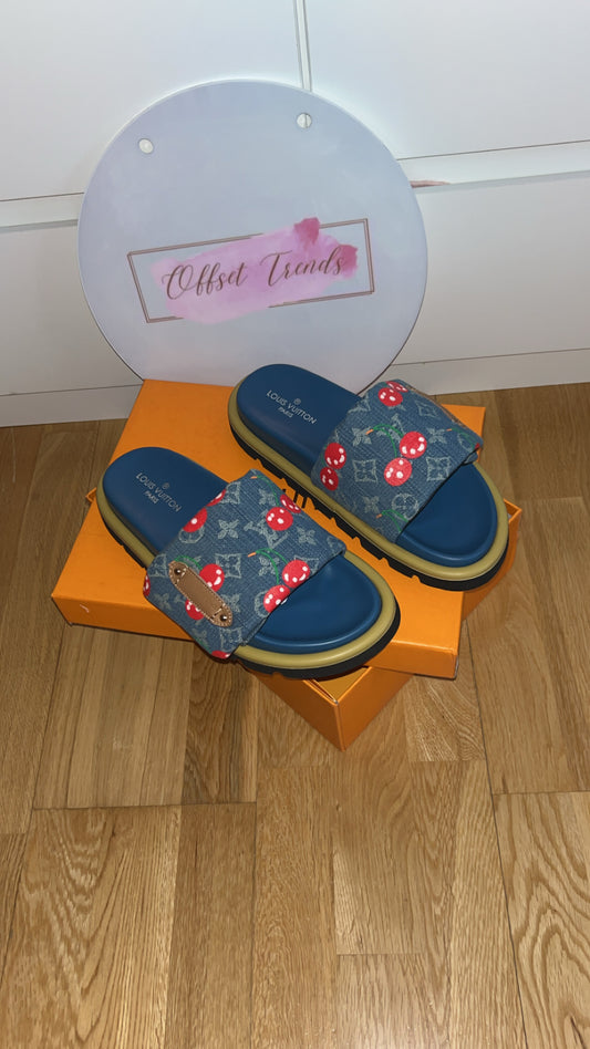 Denim Cherry Sliders