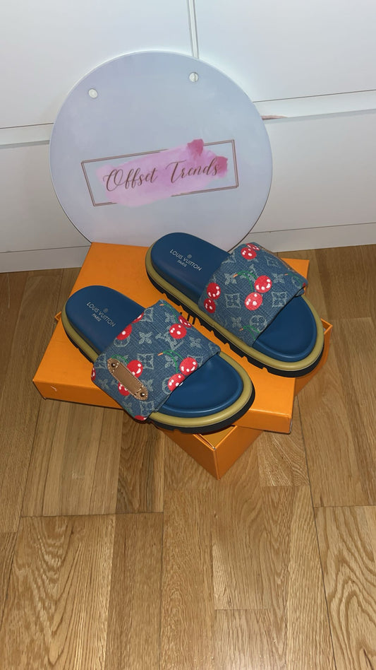 Denim Cherry Sliders